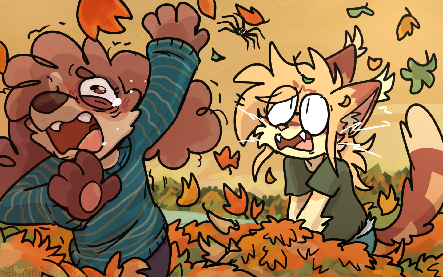 Furrealife Ree and Bee playing in leaves. Ree is freaking out, flinging away a spider which Bee is making silly cat noises at with wide eyes.