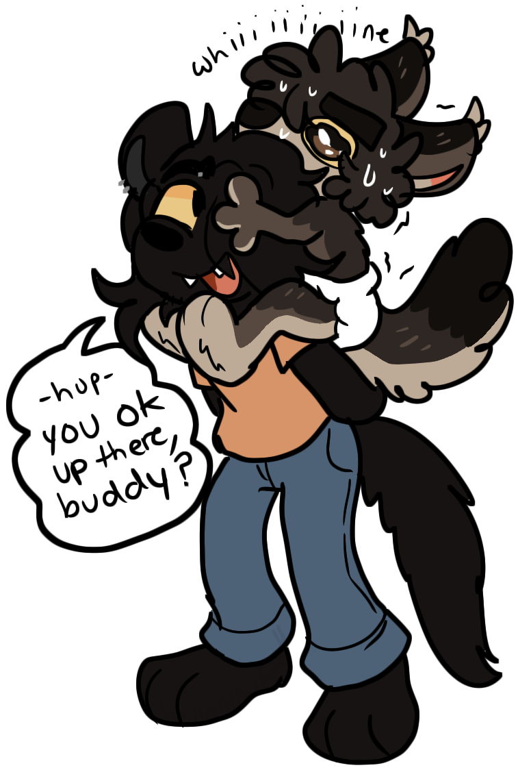 Panther Allen is giving Sawyer a piggyback ride. Sawyer looks horrified and is only dressed in a diaper. Text bubble reads you ok up there buddy,?
