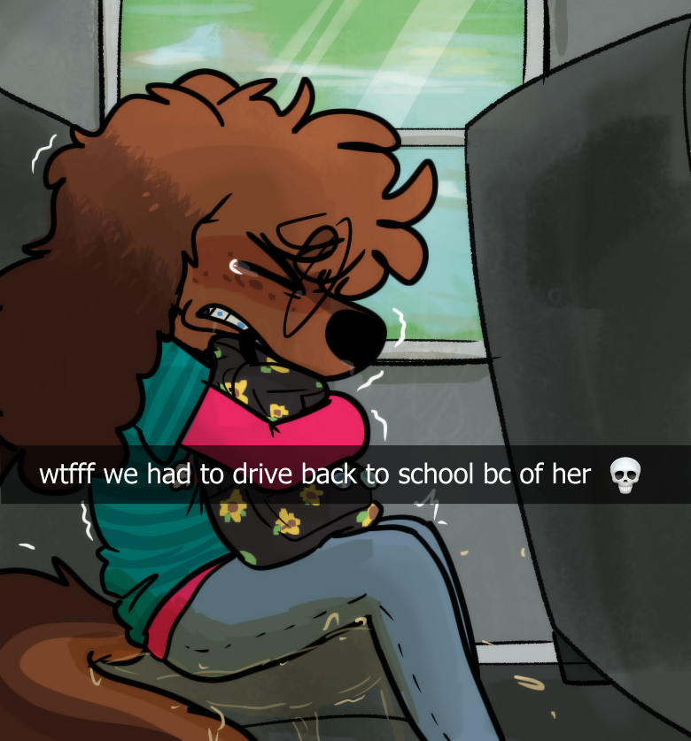 Tilly the Dachsund sitting on a bus crying in a puddle of her own urine. It is framed as if she's been posted on Snapchat. The Snapchat caption says 'wtffff we had to drive back to school bc of her (skull emoji)'