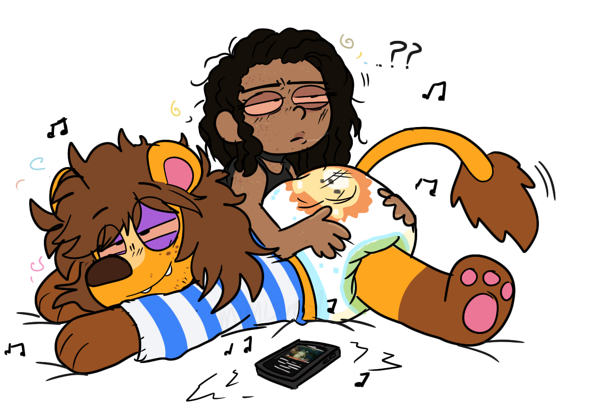 Drawing of the webmaster's vessel and Rex from animal crossing lounging while intoxicated, lisening to Deftones