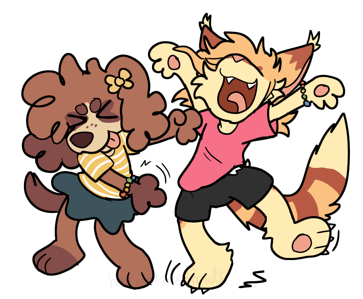 two fullbodies featuring astria the dog and brendan the cat dancing.