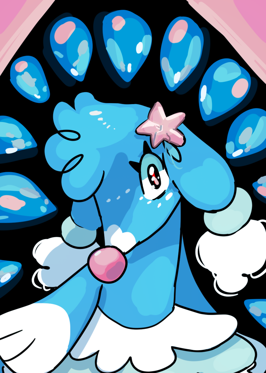 A bust-up of a Brionne with a peculiar star piece barette mimicking that of a Primarina. It is surrounded by jewels that are of the same color of a Primarina.