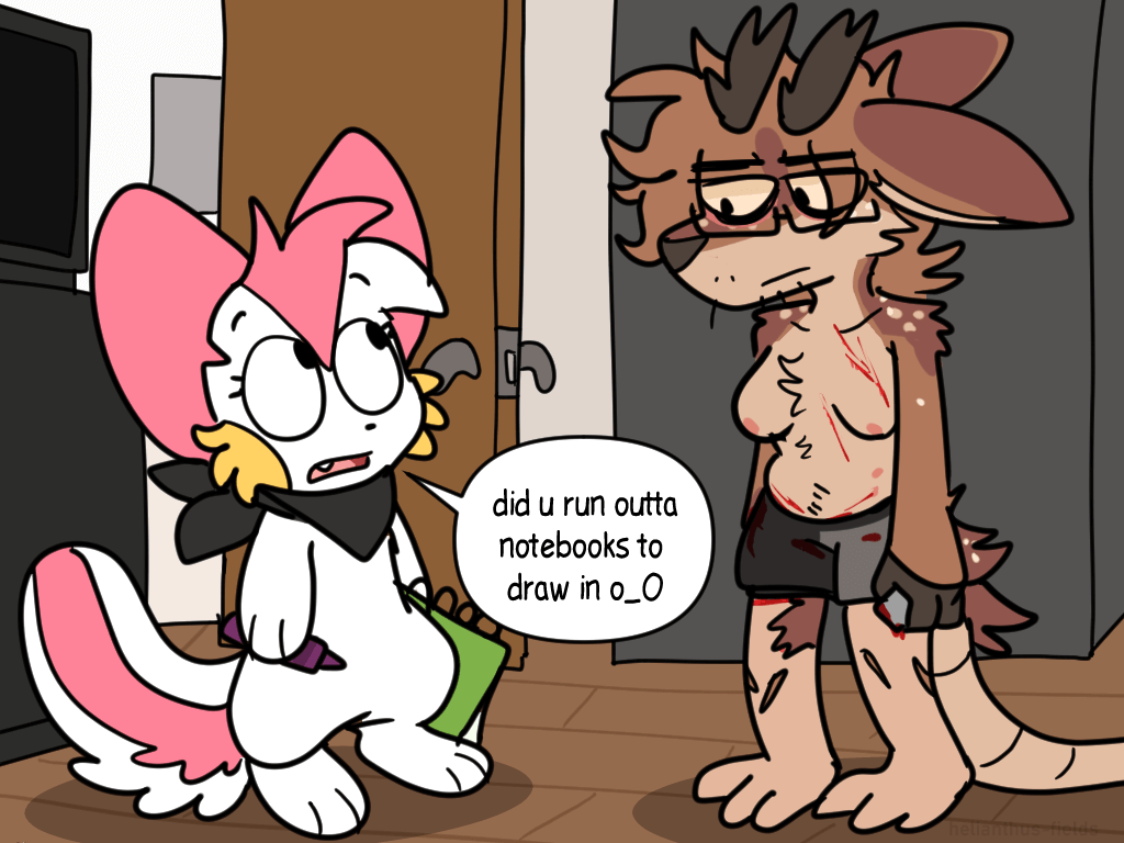 a screen redraw from family guy, however its a small pachirisu speaking to RK, who is a deer possum thing. the pachirisu is asking RK 'did you run outta notebooks to draw in'.