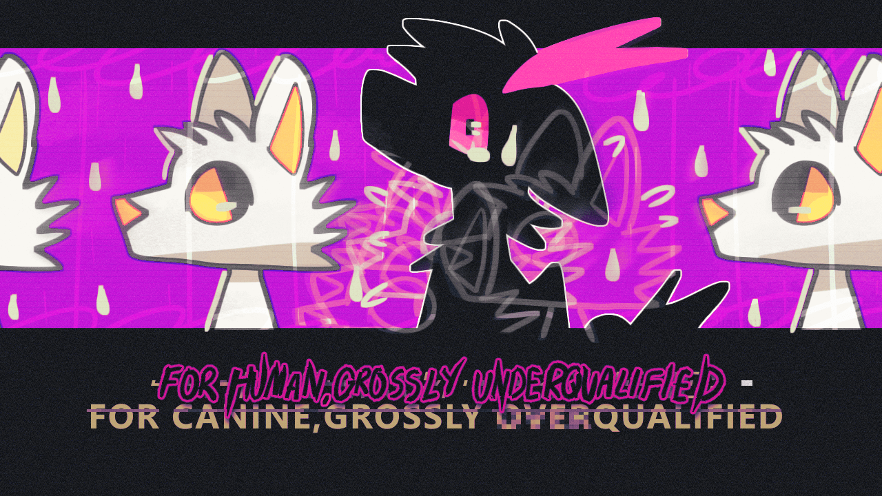 an eyestrain-y piece featuring dark RK in line with a bunch of other ambigious furs. the lyrics at the bottom read ' for human, grossly underqualified. for canine, grossy overqualified.'