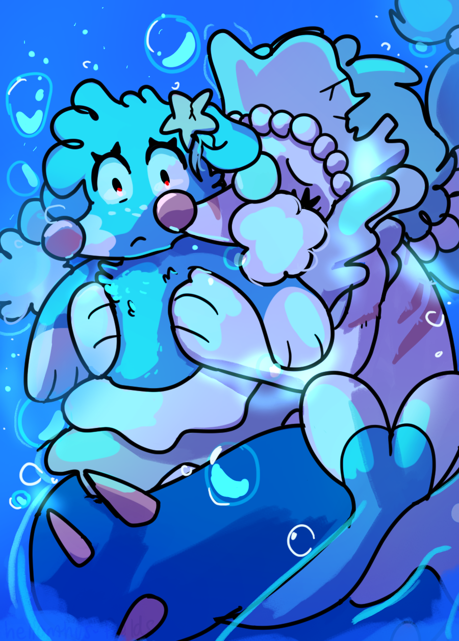 A fluffy Brionne is being hugged from behind and constricted by a Primarina. The Brionne's expression seems suprised, but overall empty. The Primarina is incredibly scarred.