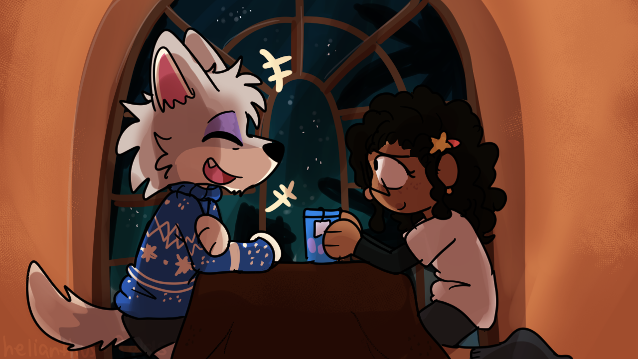 a drawing of my animal crossing self insert drinking tea at fang's house. theyre sitting infront of a big window and its warm lighting.