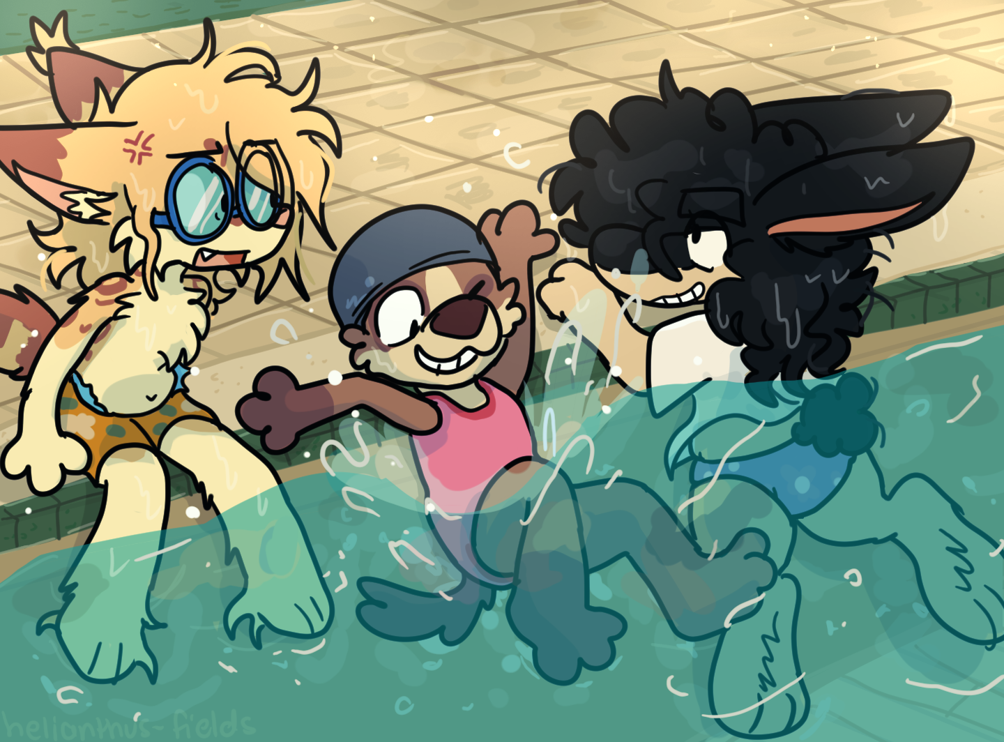 The Furrealife trio consisting of young Bee, Ree and Lucas getting into an indoor pool. Bee sits along the edge looking agitated as Ree is hopping in.