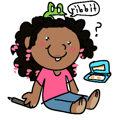 small chibi of vessel at younger age. the flinote hatena frog sits on its head, and theres a dsi to the right