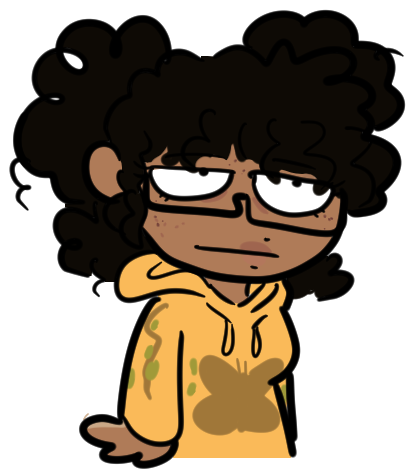 waist up of our vessel, which is a black humanoid with a half up/half down hairstyle featuring afro puffs and two strand twists